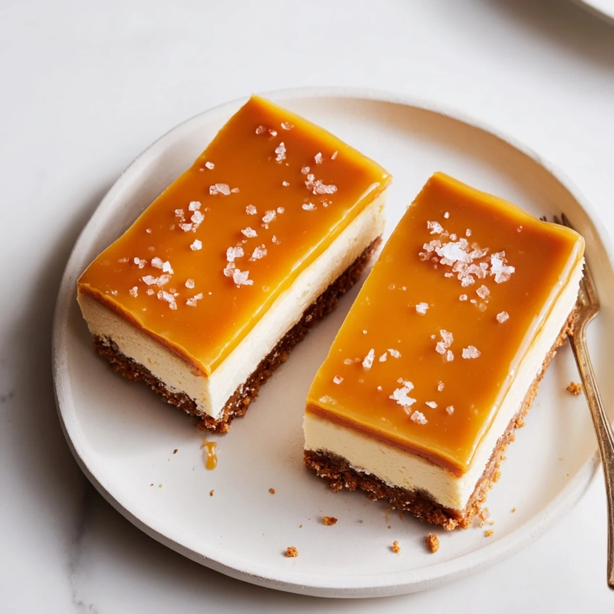Individually cut caramel cheesecake bars arranged on serving platter with glossy caramel sauce