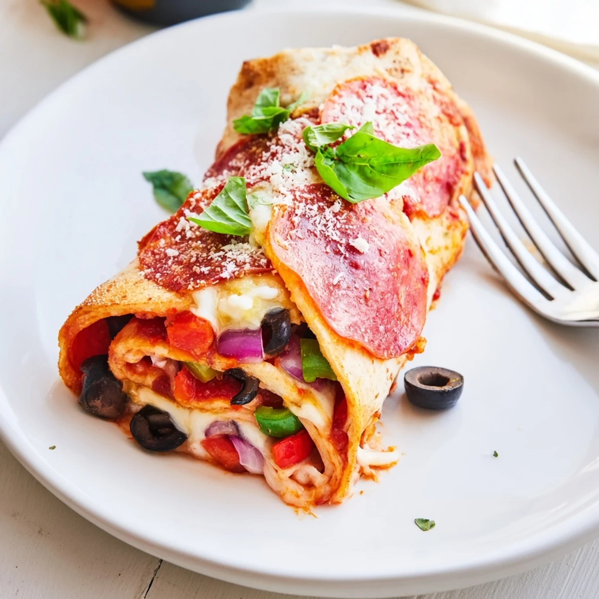 Golden oven baked pizza burritos stuffed with melted mozzarella pepperoni and colorful vegetables