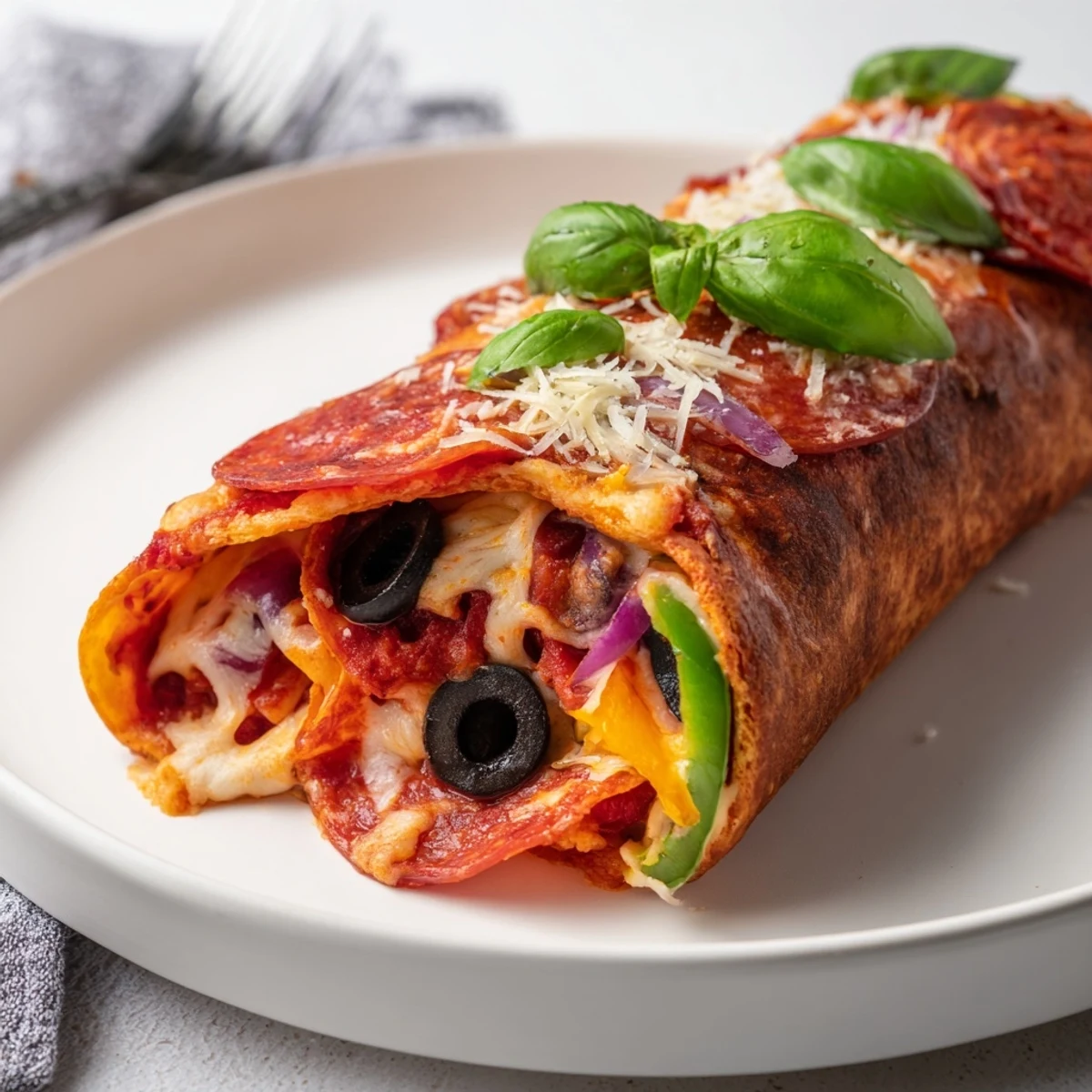 Cheesy pizza burritos fresh from the oven garnished with Parmesan and basil leaves