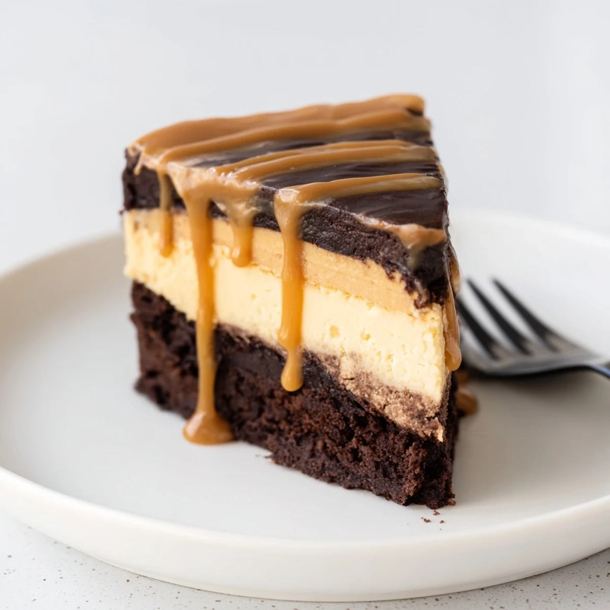 Golden caramel brownie cheesecake bars topped with glossy caramel sauce on a white plate
