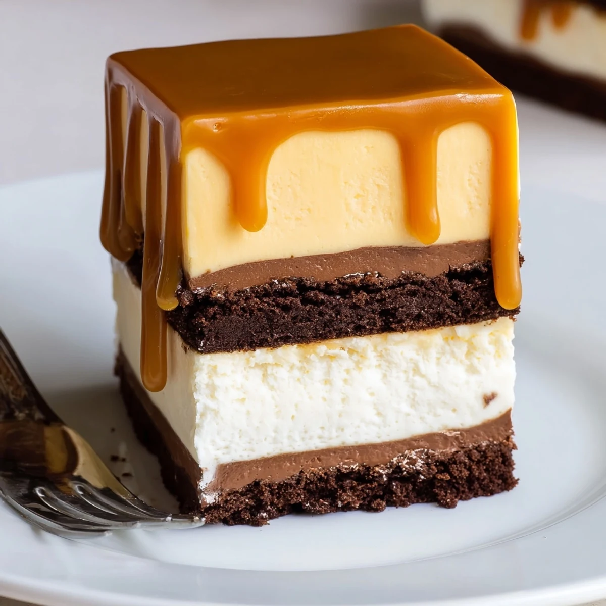 Rich caramel brownie cheesecake bliss sliced into squares with fudgy chocolate layers visible