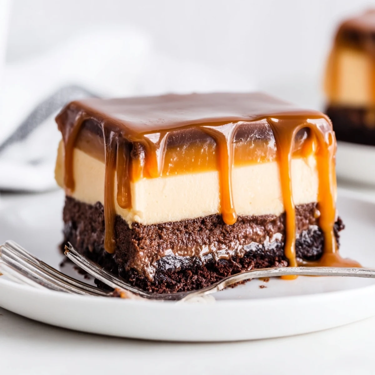 Decadent caramel brownie cheesecake dessert with gooey caramel drizzle over creamy cheesecake filling