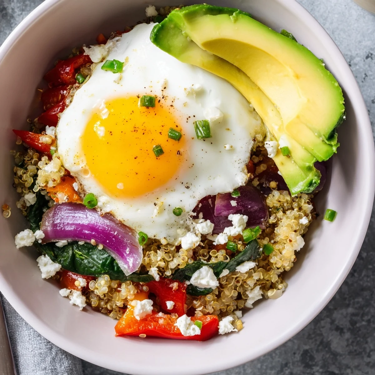Golden fried egg atop a fluffy savory quinoa breakfast bowl with colorful sautéed vegetables