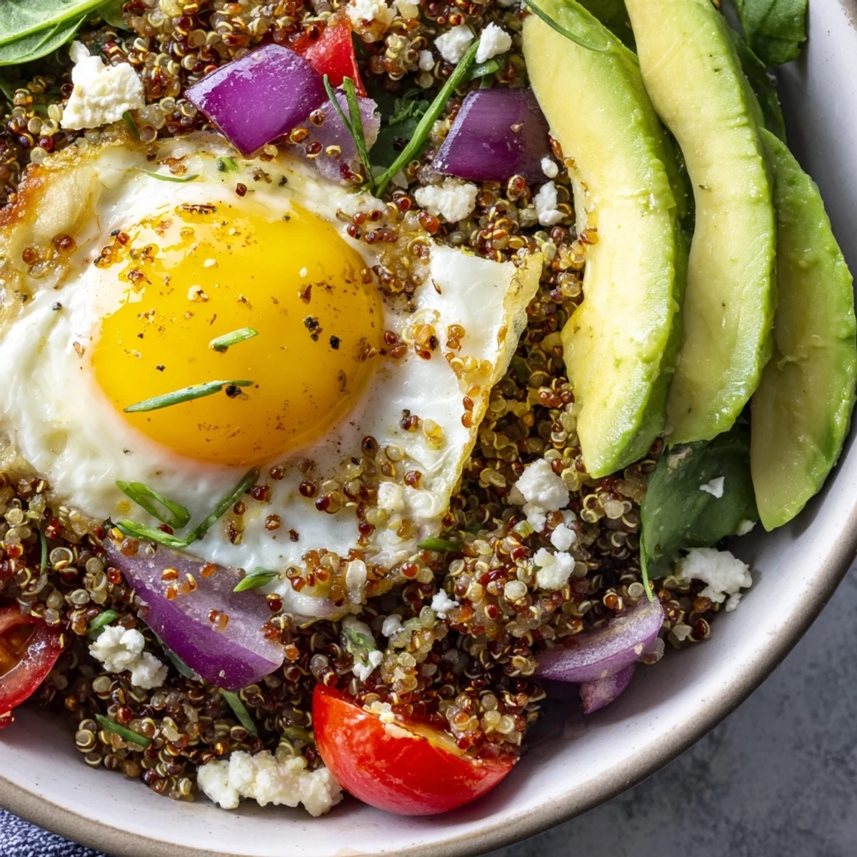 Hearty savory quinoa breakfast bowl served in white dish with fresh herb garnish