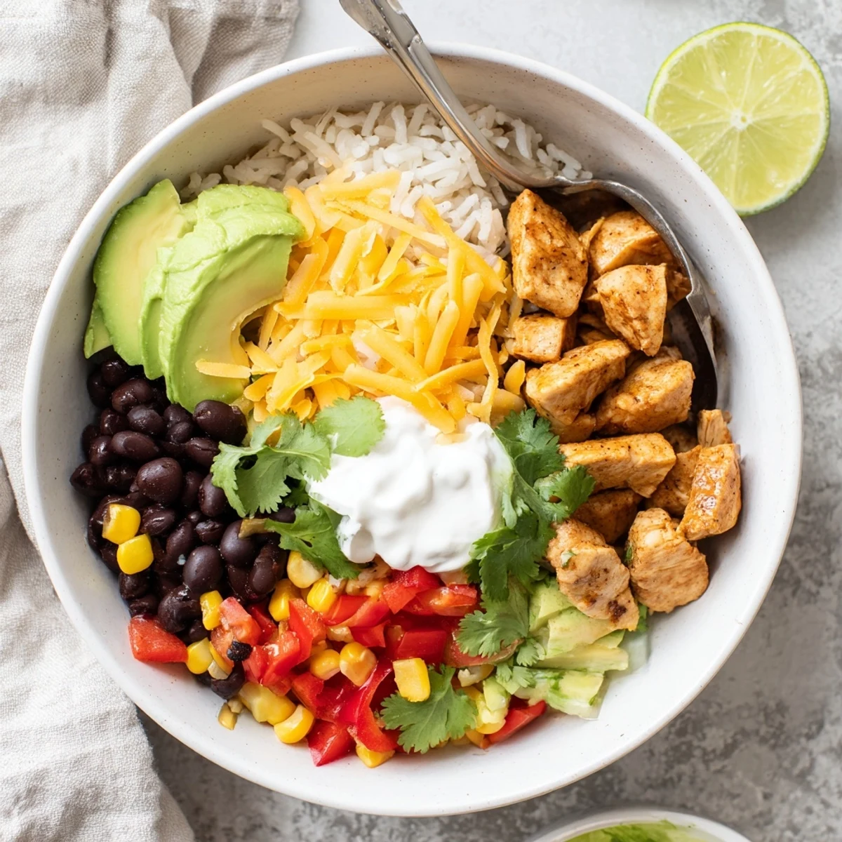 Golden Instant Pot chicken burrito bowls topped with melted cheese, fresh avocado, and vibrant cilantro