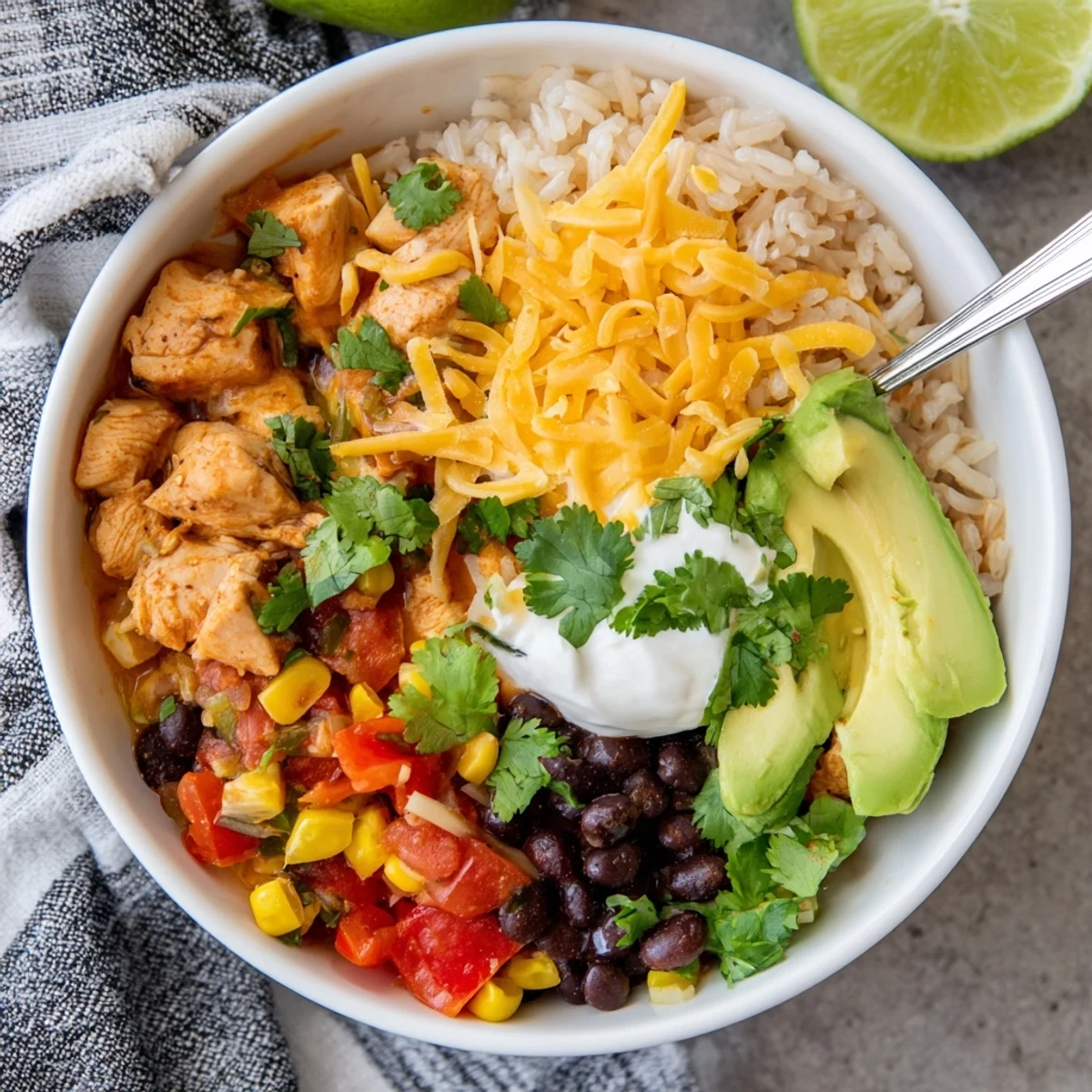 Satisfying gluten-free burrito bowl featuring seasoned chicken, colorful vegetables, and creamy sour cream toppings