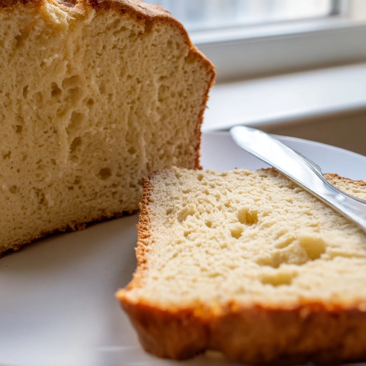 Golden slice of zero carb yogurt bread topped with melting butter on a wooden board