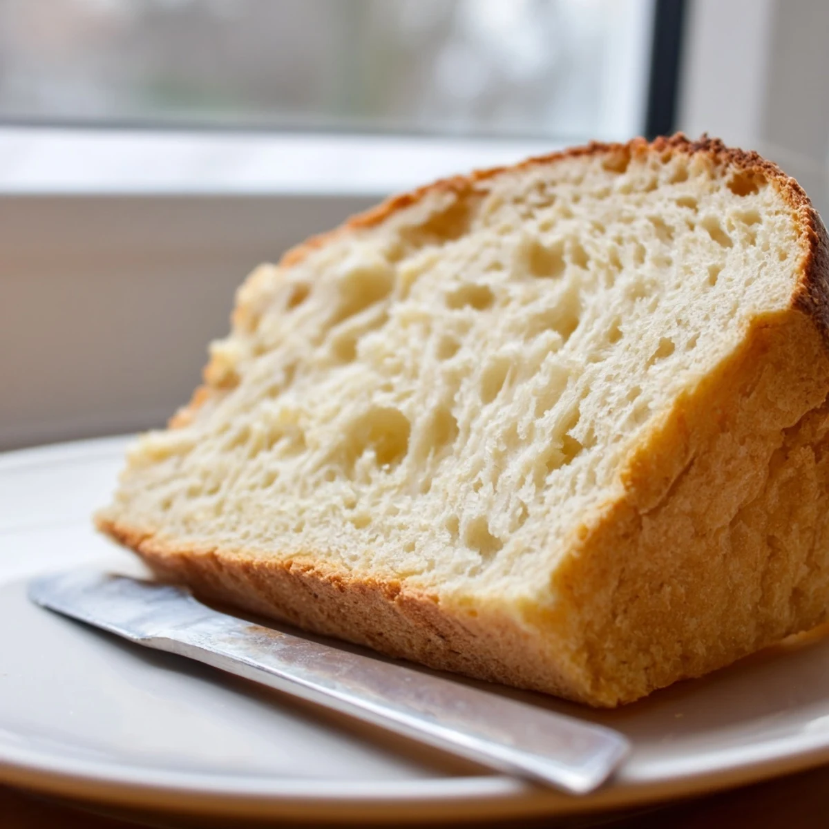 Homemade zero carb yogurt bread sliced thick revealing soft tender interior perfect for toasting