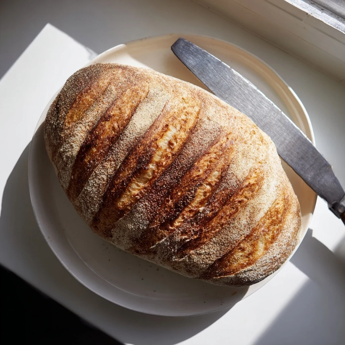 Golden brown crusty Italian bread loaf with deep scoring marks on a wooden board