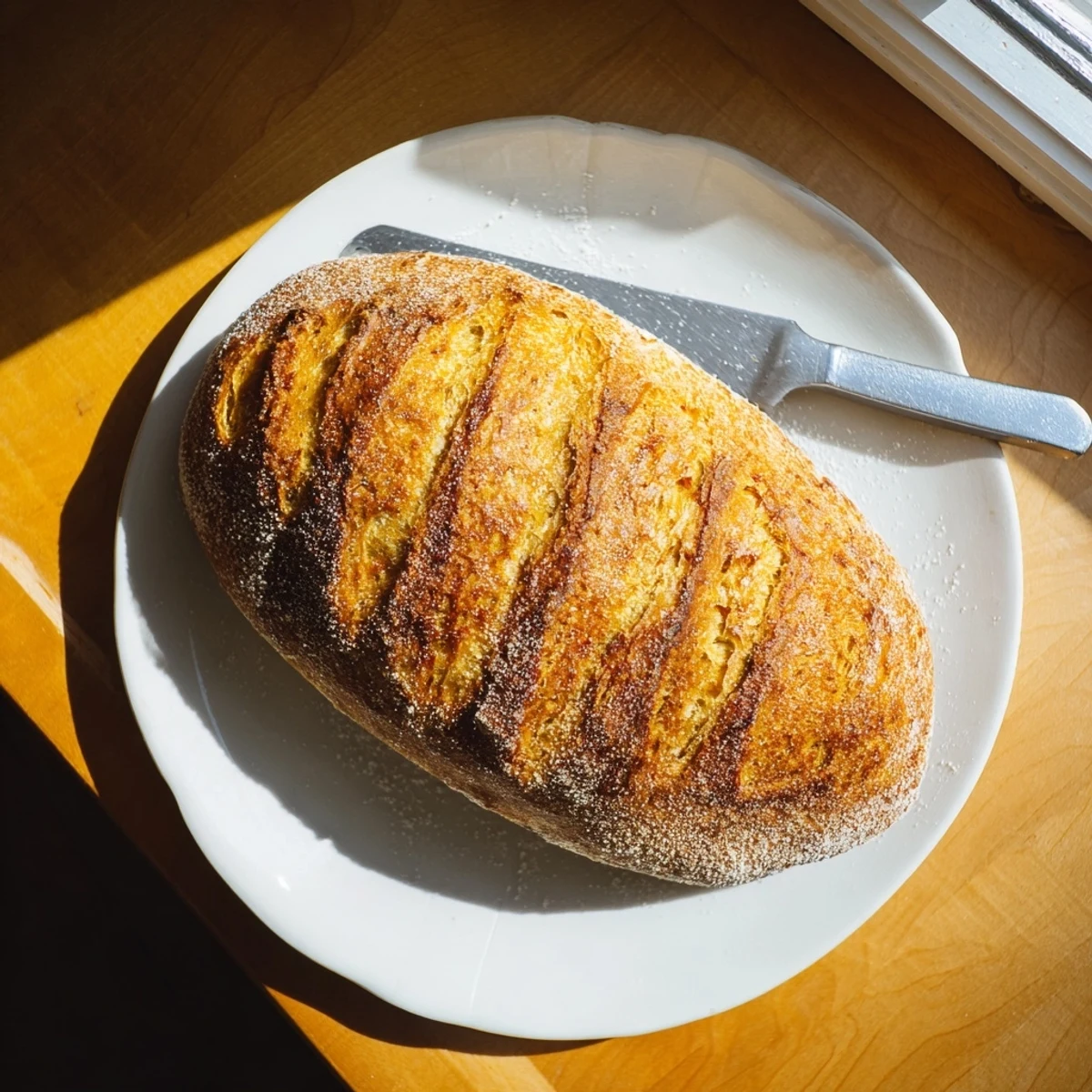 Homemade crusty Italian bread broken open to reveal soft chewy interior texture