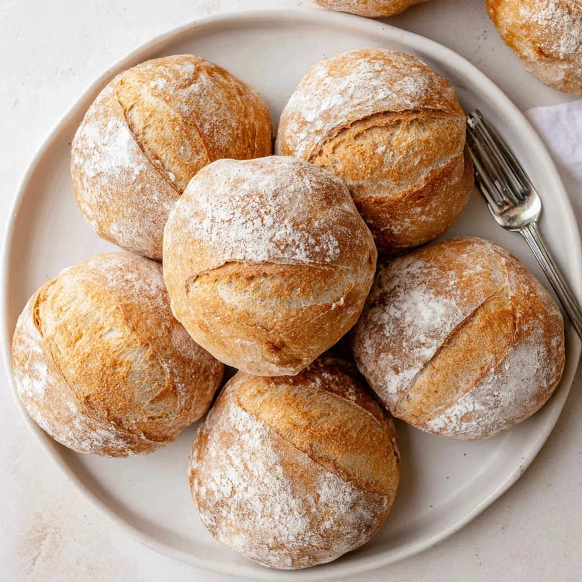 Golden brown crusty French bread rolls fresh from the oven with flour-dusted tops