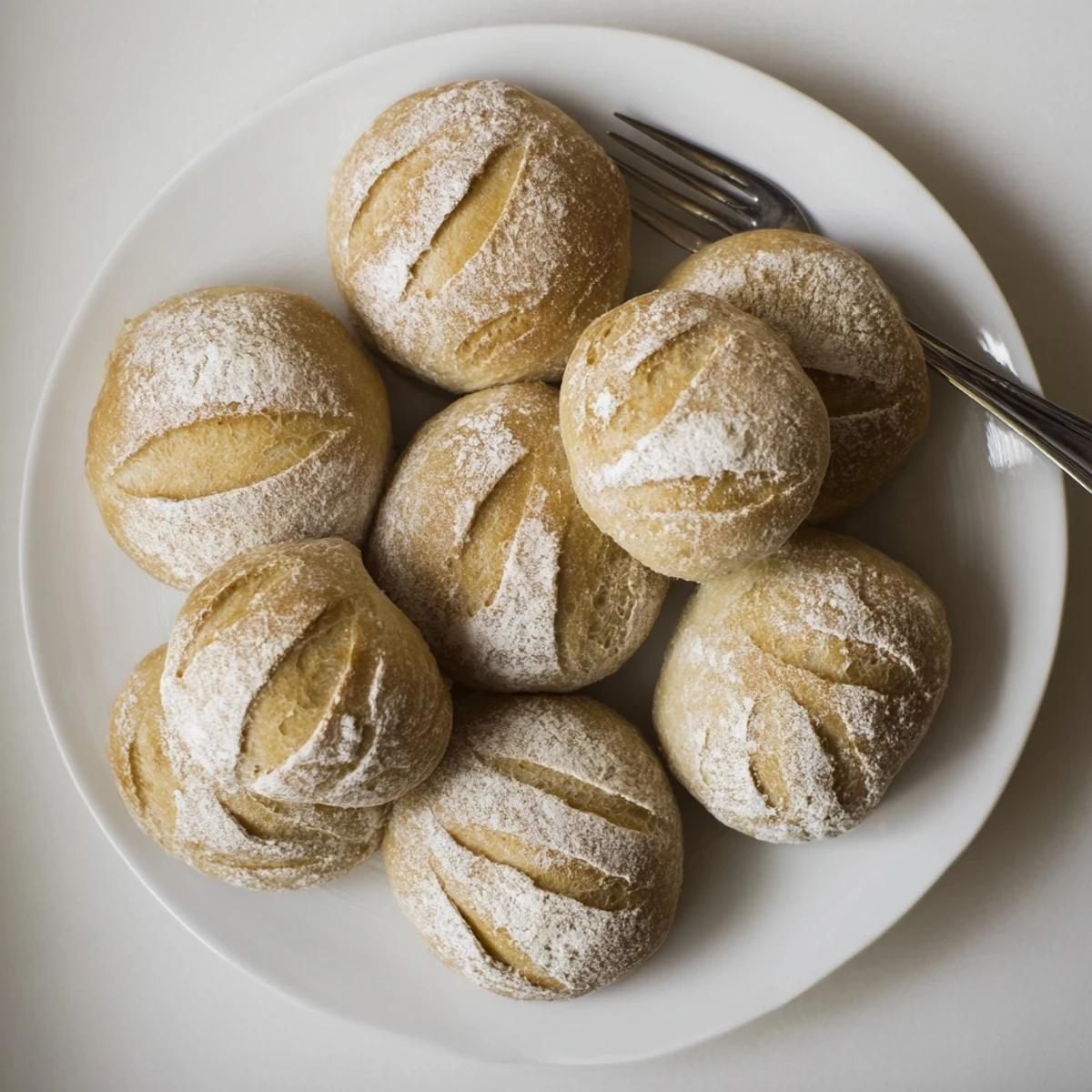 Warm artisan crusty French bread rolls sliced open revealing soft pillowy white interior