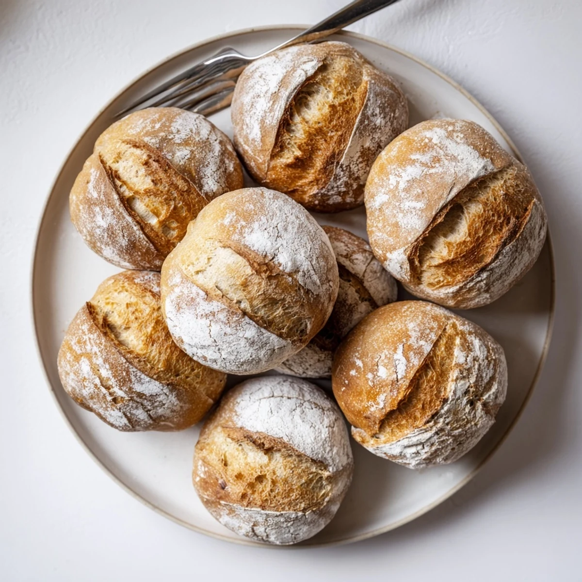 Basket of homemade crusty French bread rolls served alongside softened butter for spreading