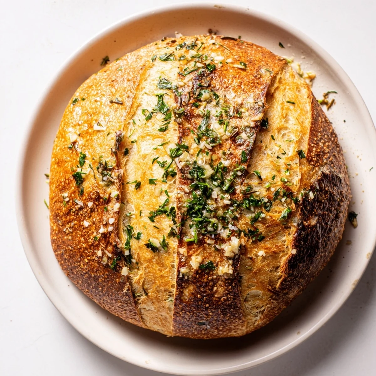Golden brown artisan garlic herb Dutch oven bread sliced to reveal tender herb-infused crumb