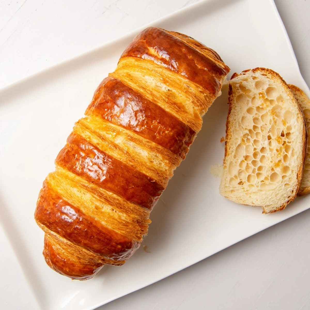 Golden brown homemade croissant bread loaf with visible flaky butter layers on a wire cooling rack