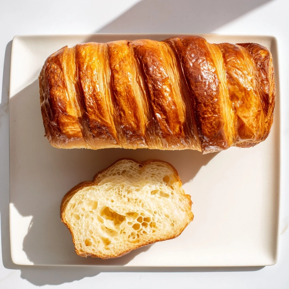 Sliced homemade croissant bread revealing tender honeycomb interior perfect for breakfast with jam and butter