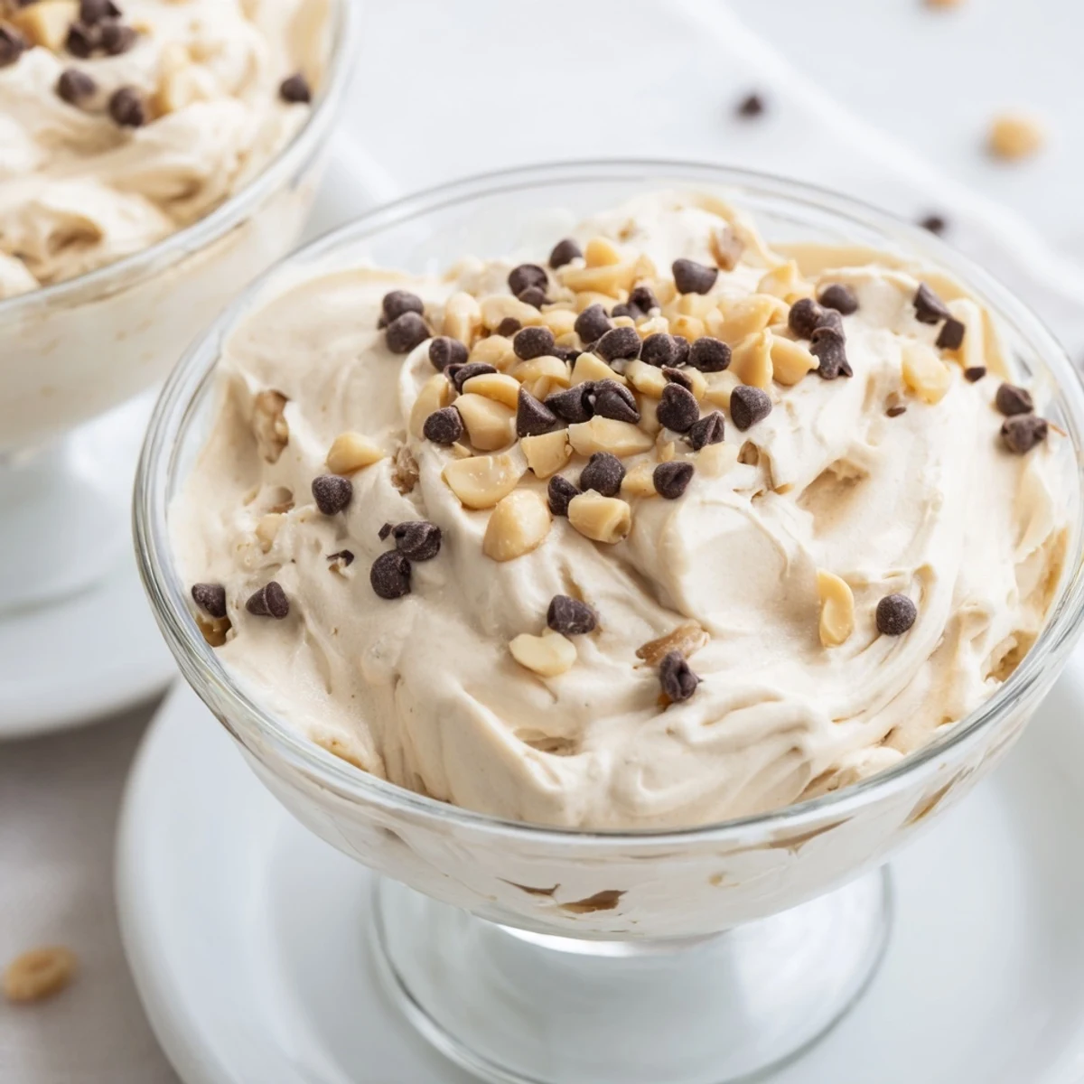 Creamy peanut butter and Cool Whip mousse topped with chocolate chips and chopped peanuts in a glass serving dish