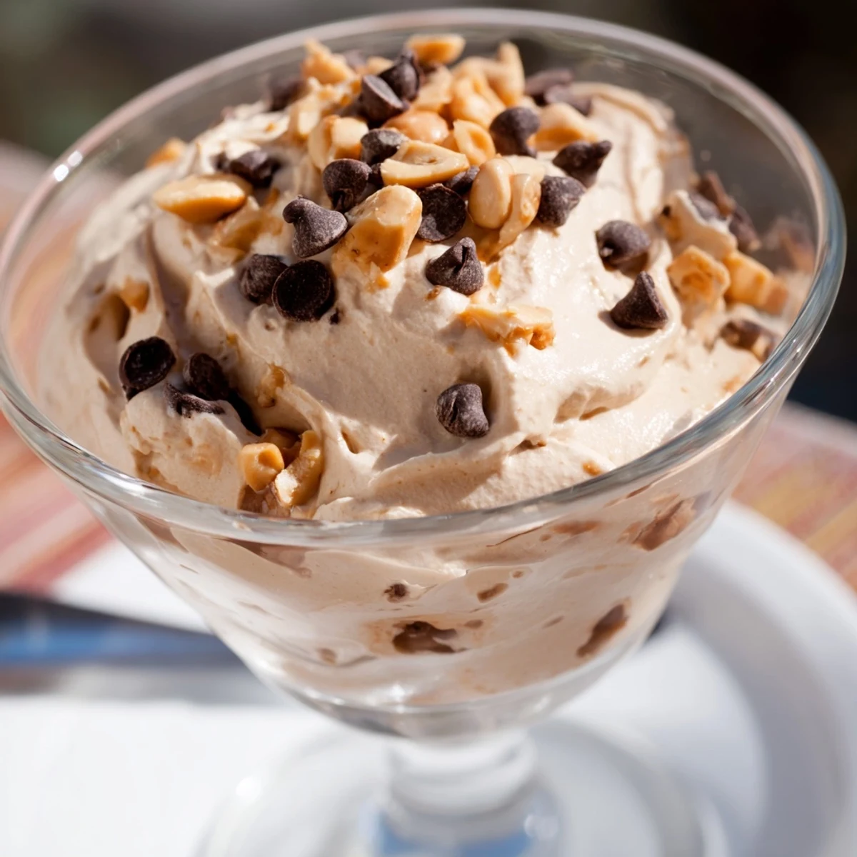 Light and fluffy peanut butter mousse dessert with Cool Whip garnished with roasted peanuts and mini chocolate chips