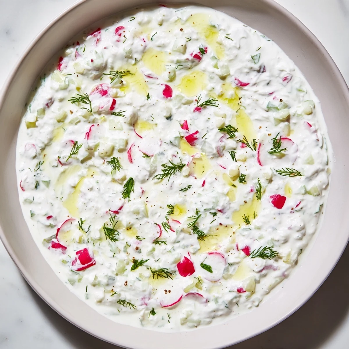 Creamy healthy radish tzatziki dip topped with fresh dill and olive oil drizzle