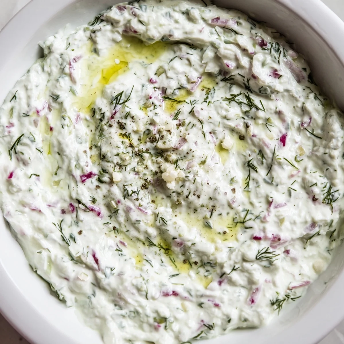 Healthy radish tzatziki dip with grated cucumber and mint ready for dipping