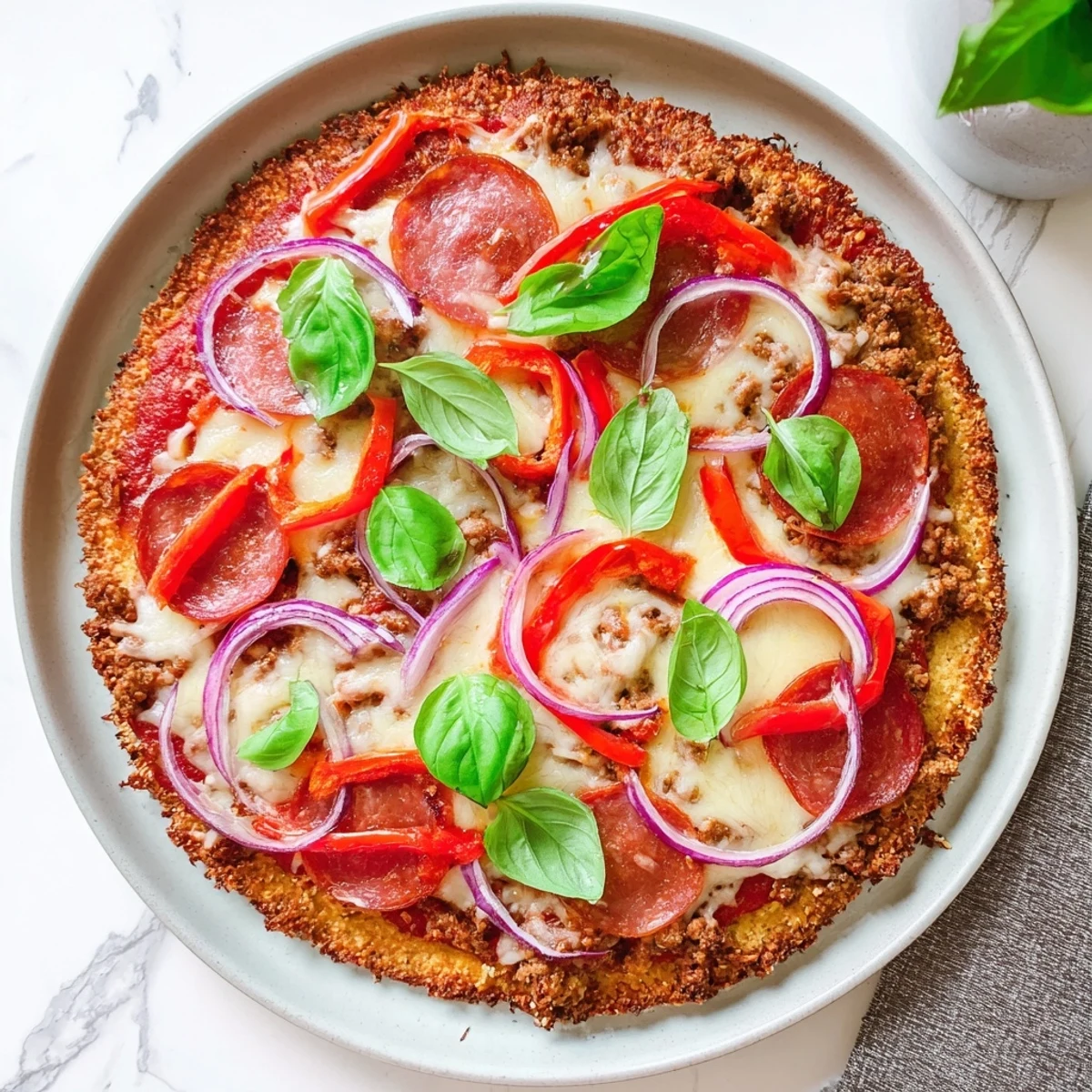 Golden brown crispy chicken crust pizza topped with melted mozzarella, pepperoni, and fresh basil