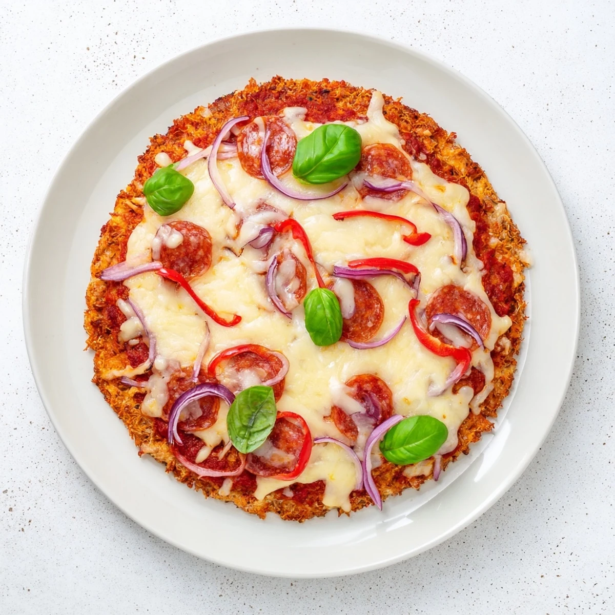 Savory crispy chicken crust pizza sliced into wedges garnished with basil and red pepper flakes