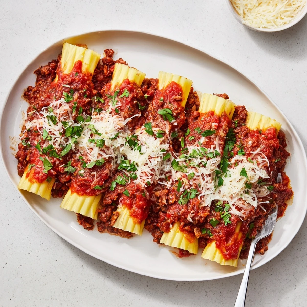 Golden baked cheesy stuffed manicotti swimming in rich homemade meat sauce with melted cheese topping