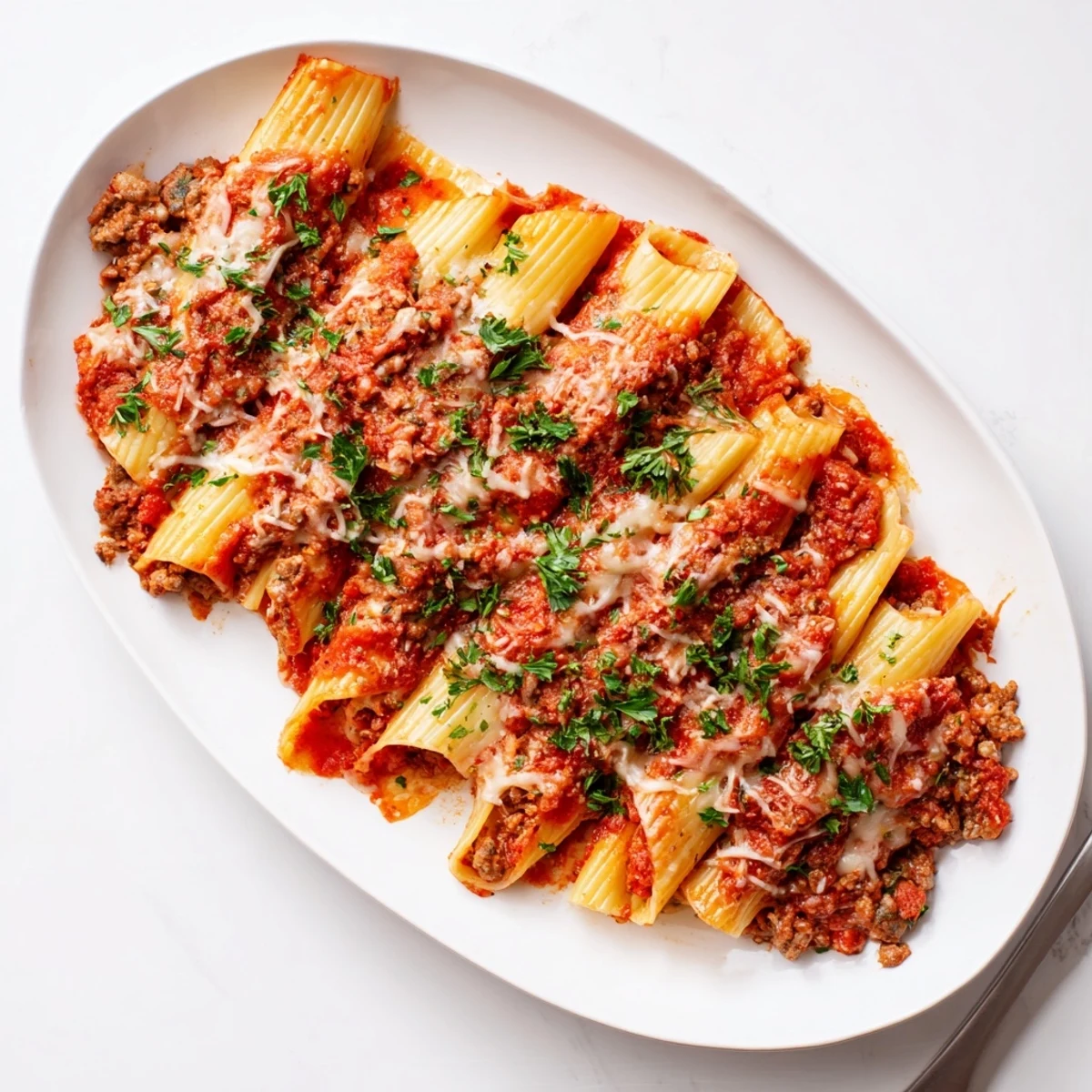 Tender pasta shells filled with creamy ricotta mixture topped with savory tomato beef sauce and bubbling mozzarella