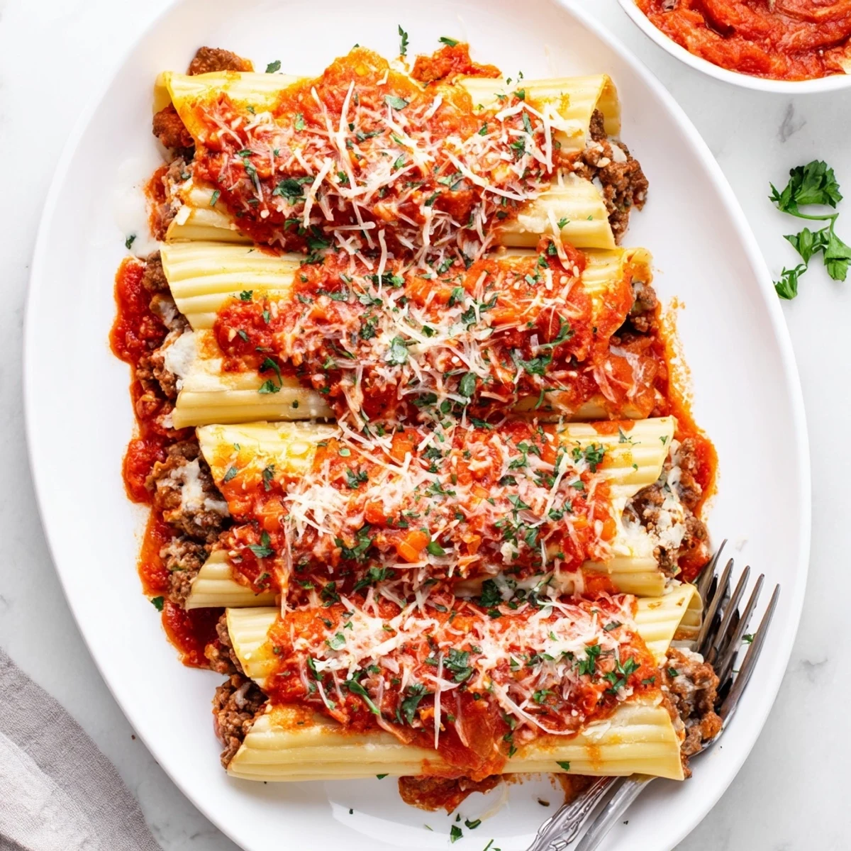Italian manicotti pasta stuffed with three cheeses and smothered in seasoned ground meat tomato sauce