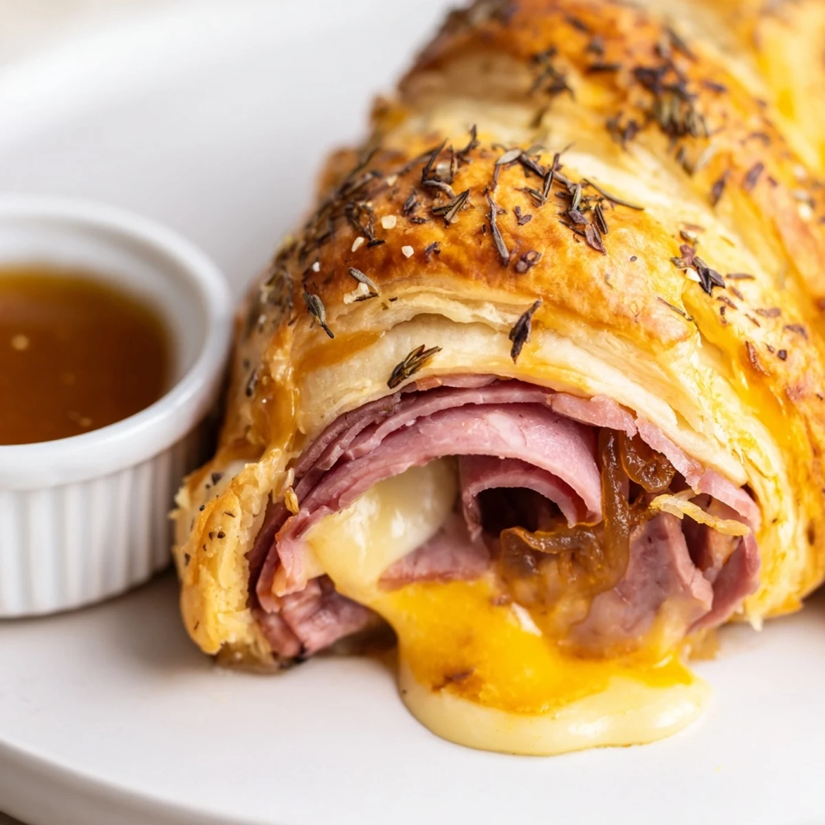 Golden beef and cheese French dip roll ups with melty provolone on a wooden board