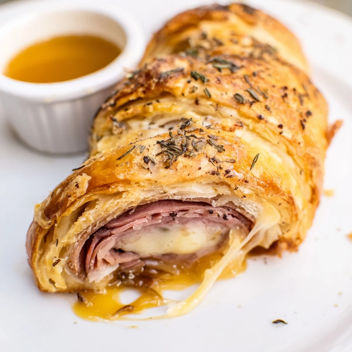 Crispy beef and cheese French dip roll ups submerged in rich savory au jus sauce