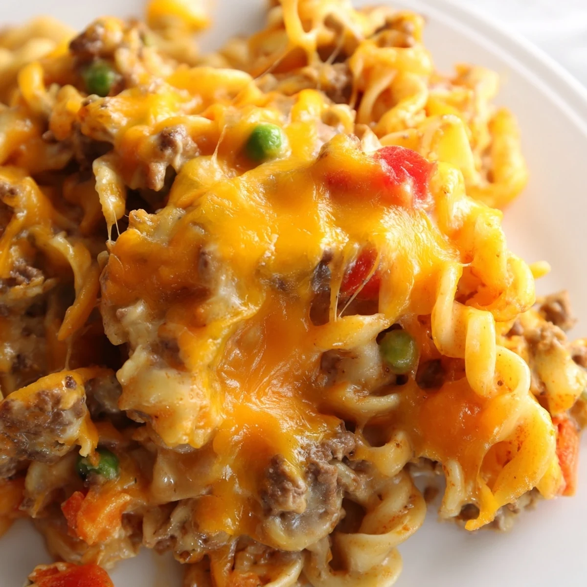 Golden cheesy beef and noodle casserole with bubbling cheddar topping fresh from the oven