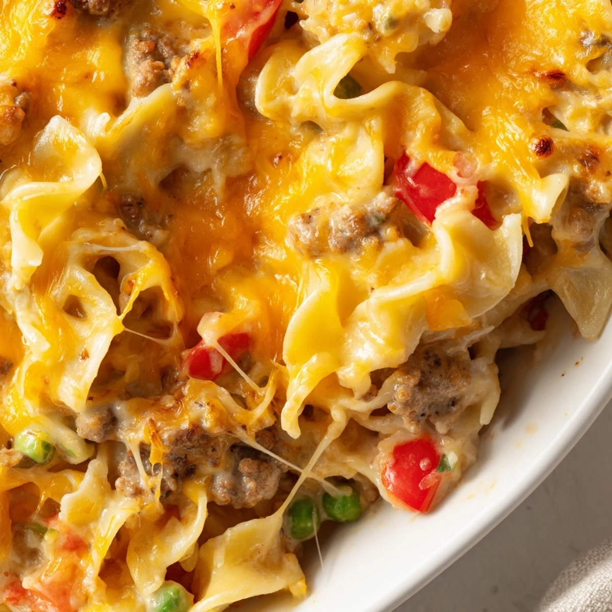 Creamy beef and noodle casserole served in a white dish with melted cheese