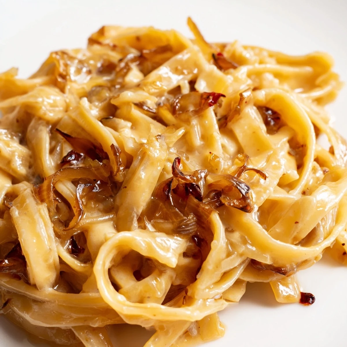 Creamy Sweet Heat Caramelized Onion Fettuccine topped with fresh parsley and Parmesan cheese