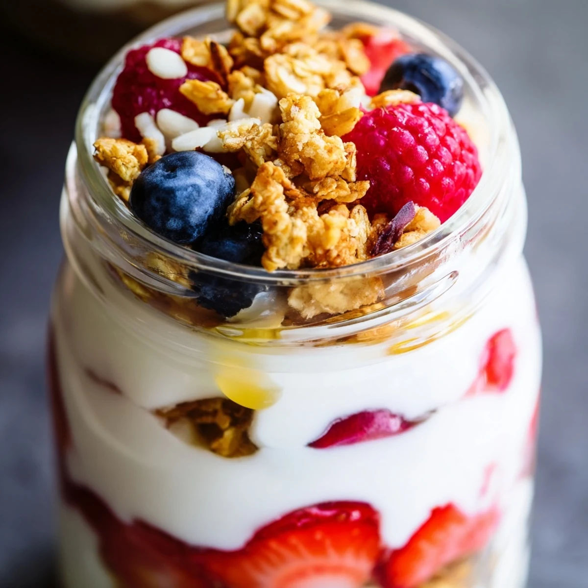 Creamy Greek Yogurt Parfait layered with vibrant berries and golden granola in glass jars