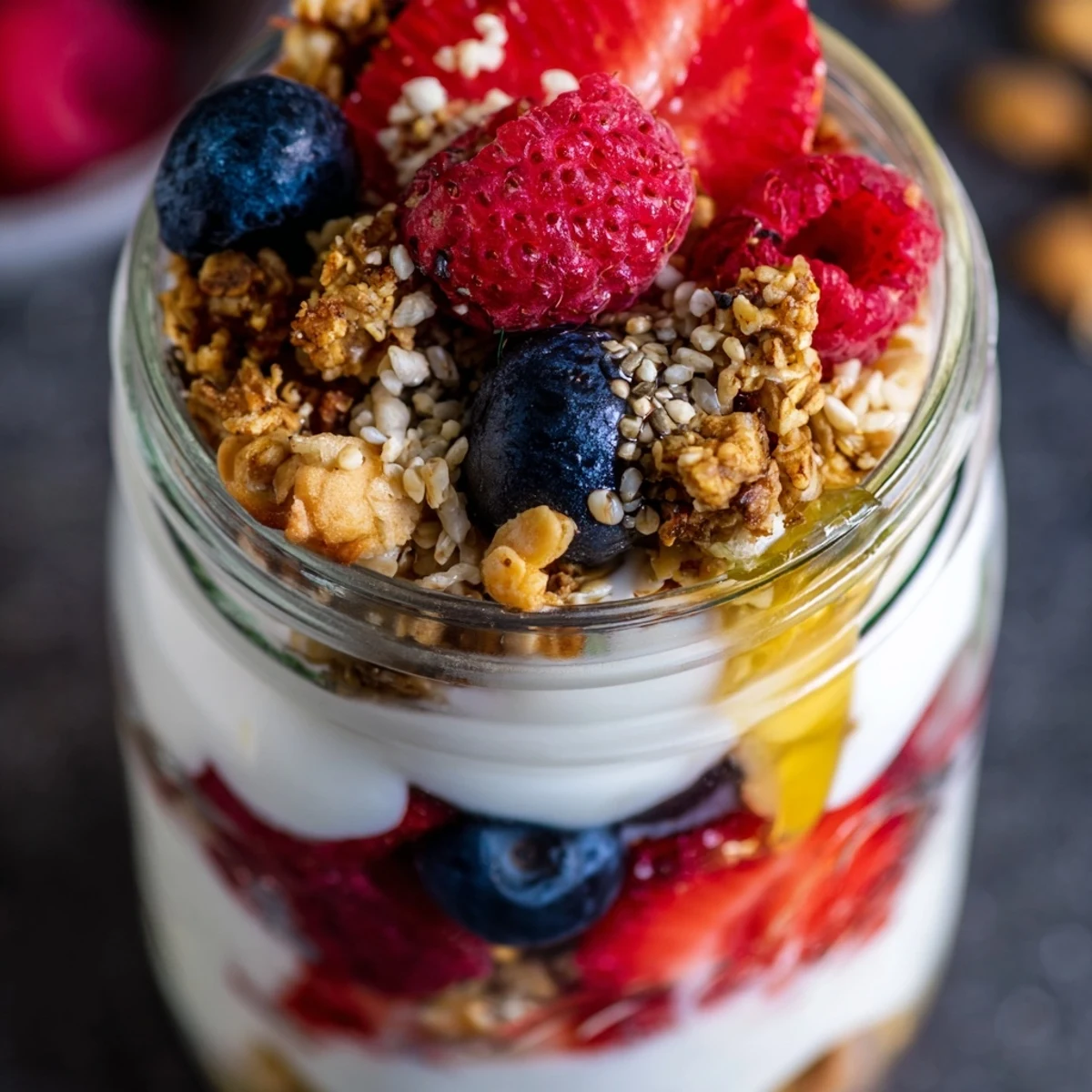 Greek Yogurt Parfait topped with fresh strawberries, blueberries, and crunchy oat clusters