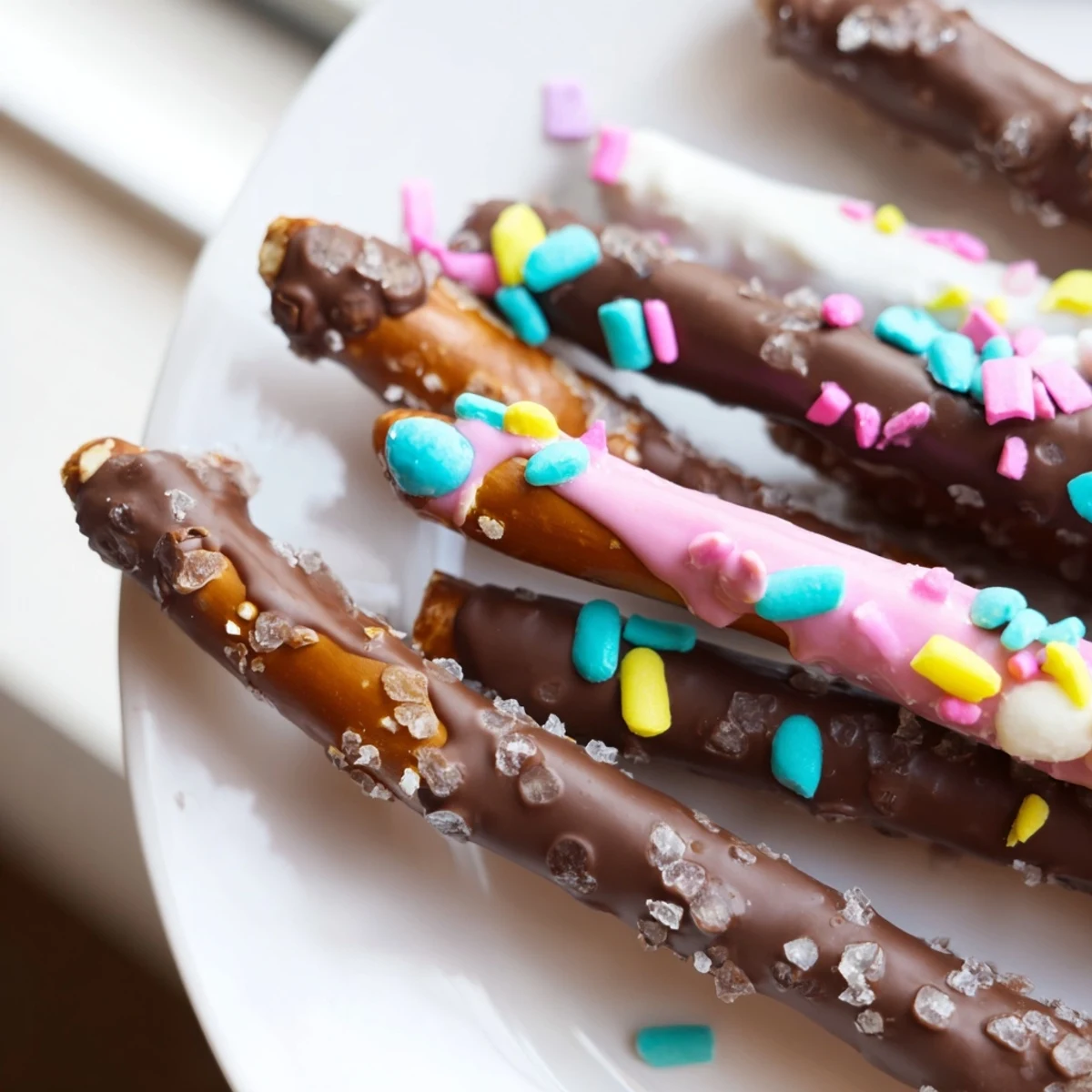 Chocolate covered pretzels for Easter topped with pastel sprinkles on a white serving plate