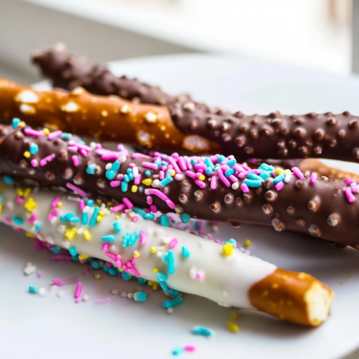 Crunchy chocolate covered pretzels for Easter drizzled with melted candy in festive spring colors
