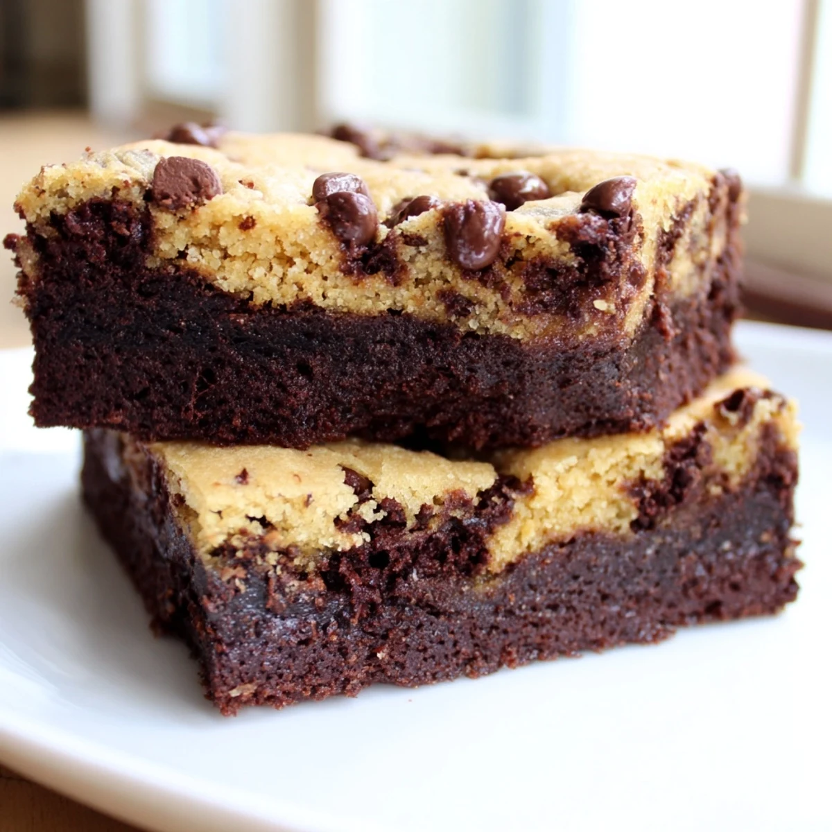 Fudgy double layer vegan brookies with rich chocolate chips stacked on a rustic wooden board
