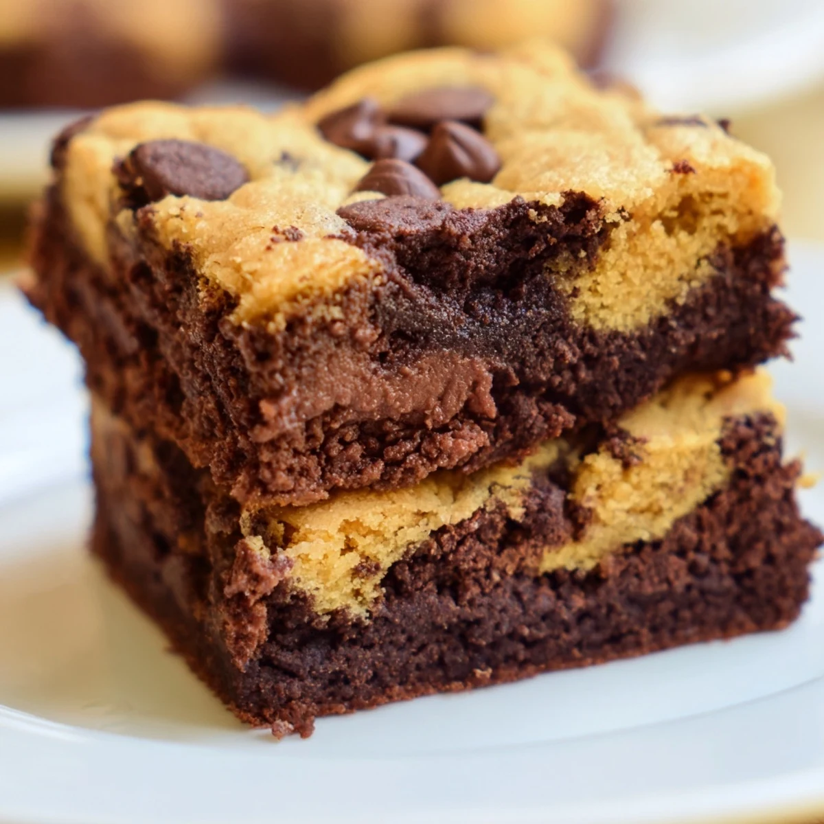 Golden-brown double layer vegan brookies cut into squares showcasing dense brownie and chewy cookie