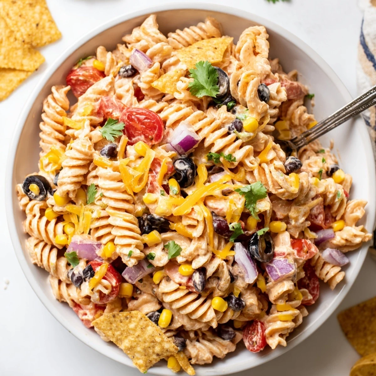 Creamy Taco Pasta Salad loaded with black beans, corn, tomatoes, and shredded cheddar cheese