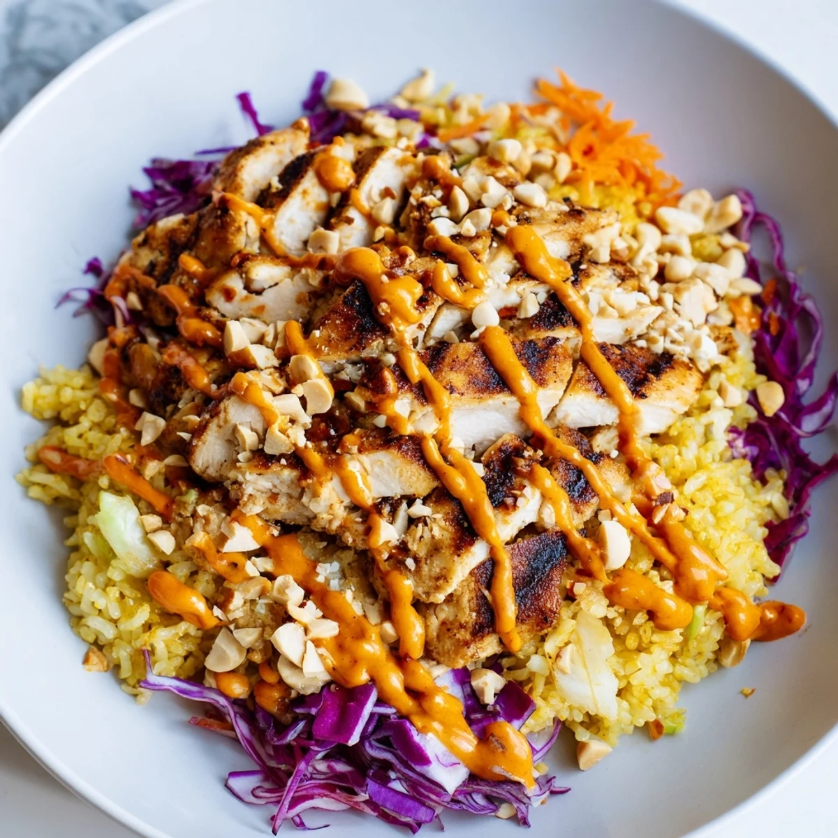 Tender sliced chicken tops fresh crunchy vegetables in this colorful Bang Bang Chicken Crispy Rice Salad