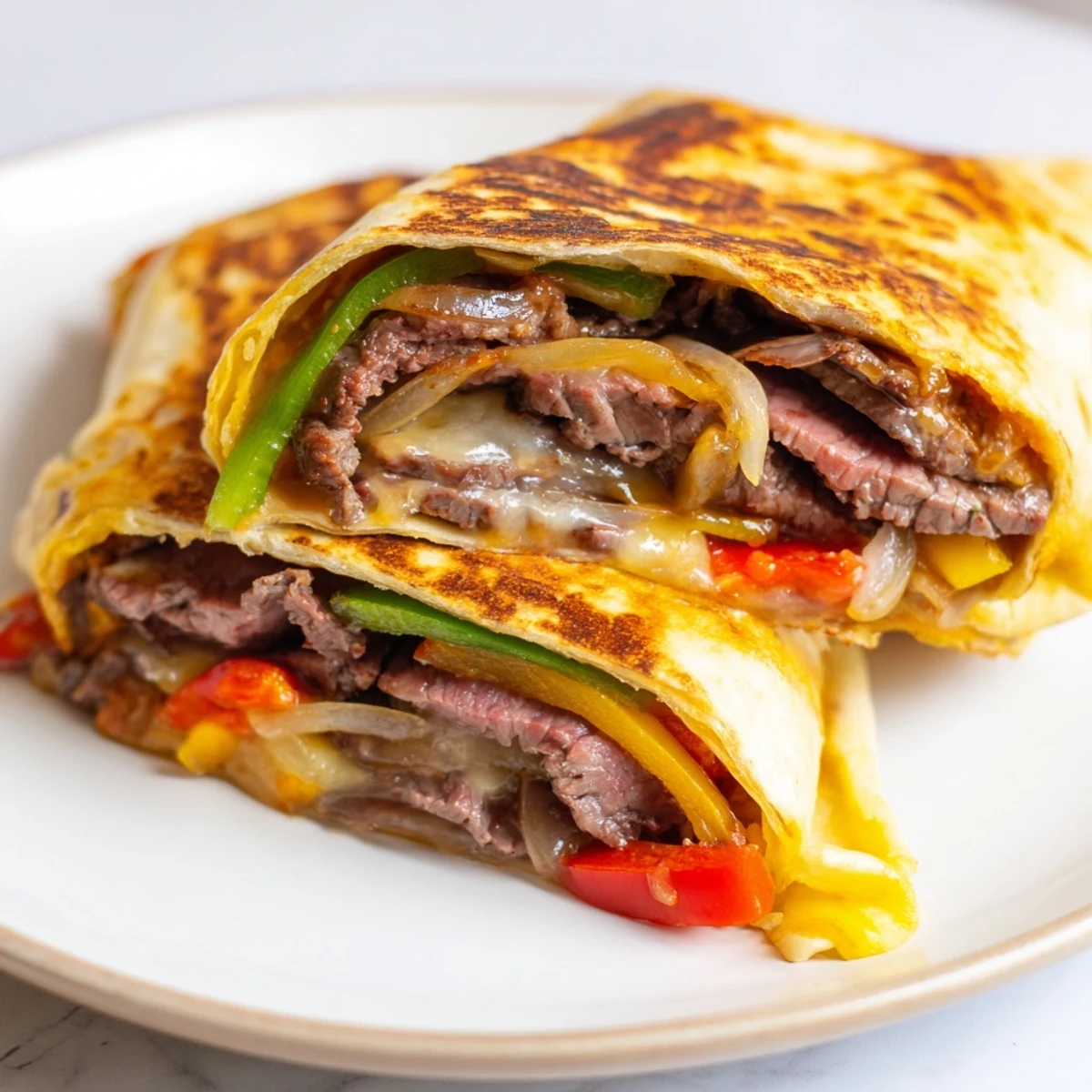 Golden crispy Philly cheesesteak grilled wraps sliced open showing tender steak and melted provolone cheese