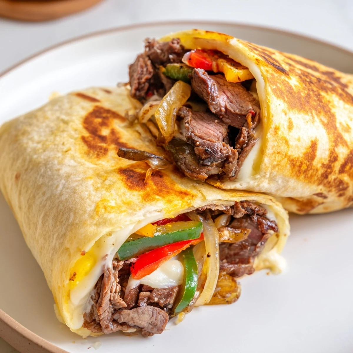 Philly cheesesteak grilled wraps with sautéed peppers and onions in a golden toasted tortilla