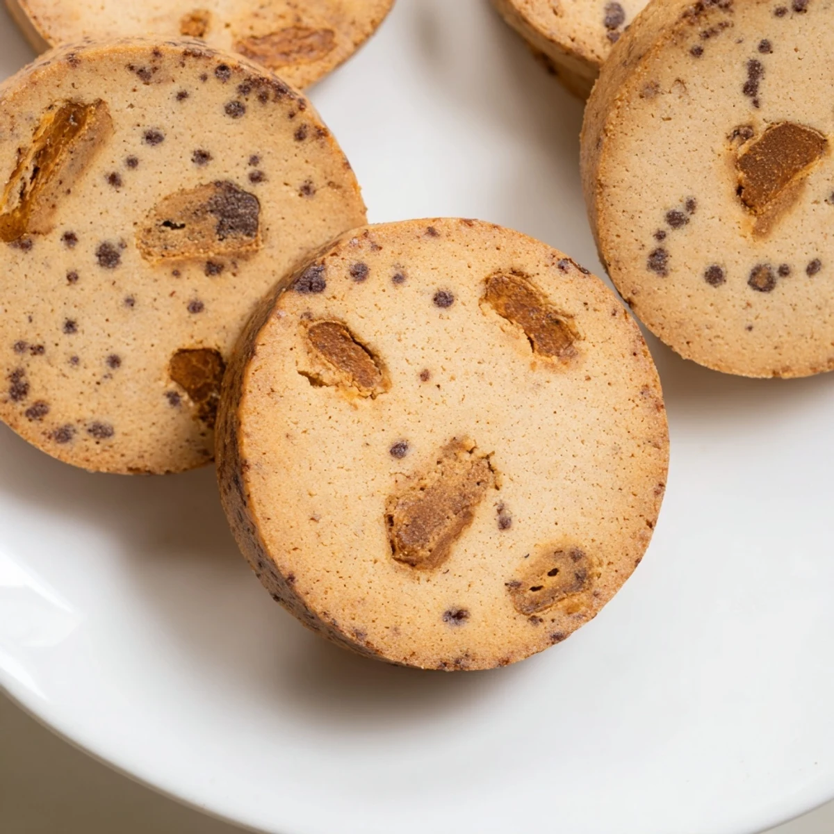Golden espresso shortbread cookies with melted toffee chunks on a rustic white plate
