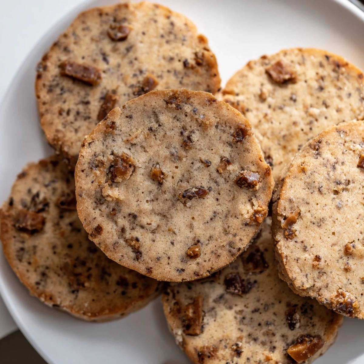 Buttery espresso shortbread cookies studded with sweet toffee bits stacked on a cooling rack