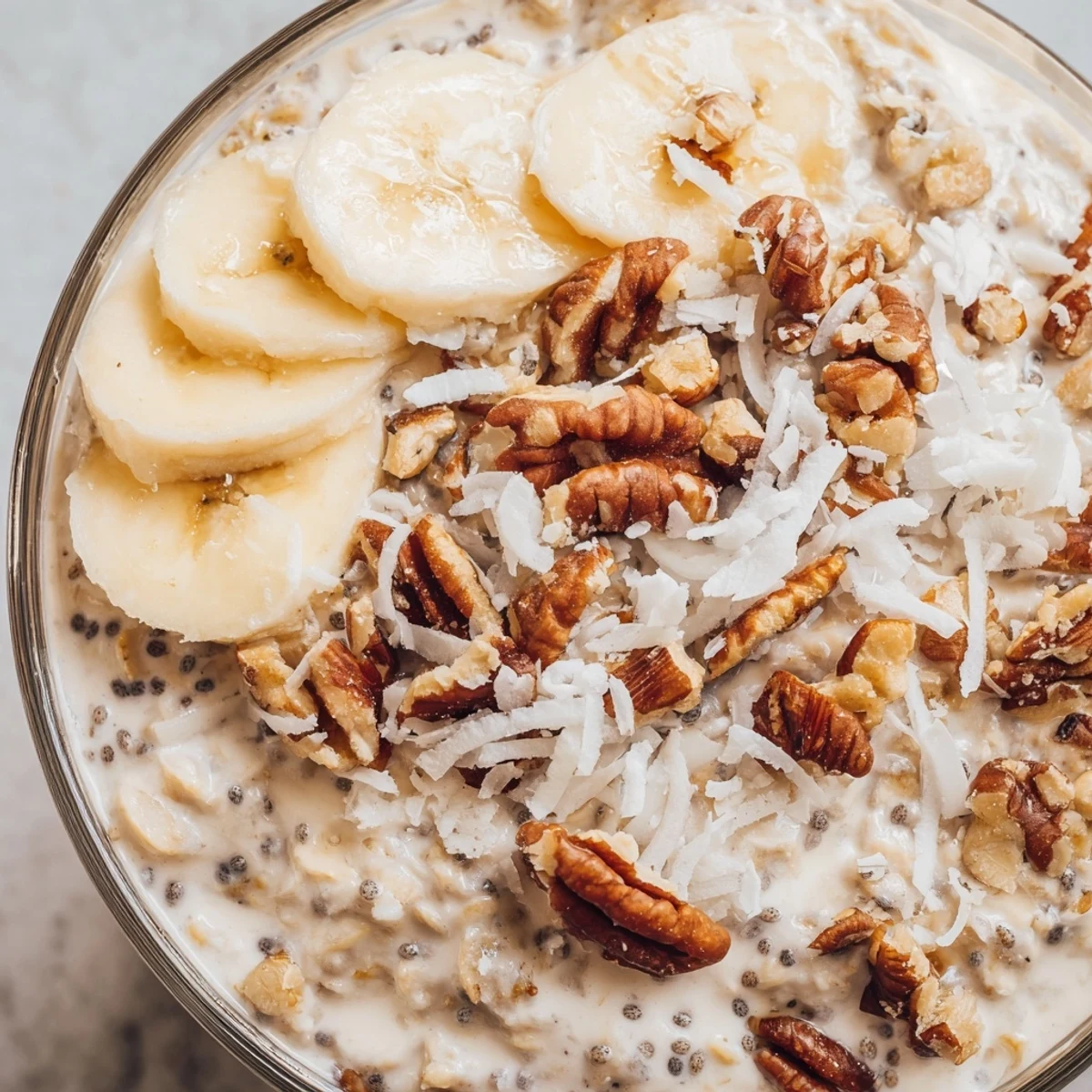 Coconut Cream Pie Overnight Oats topped with toasted coconut flakes and crunchy pecans in a glass jar
