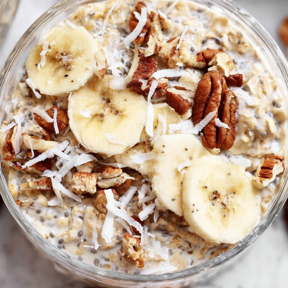 Creamy Coconut Cream Pie Overnight Oats served chilled with banana slices and toasted almond garnish