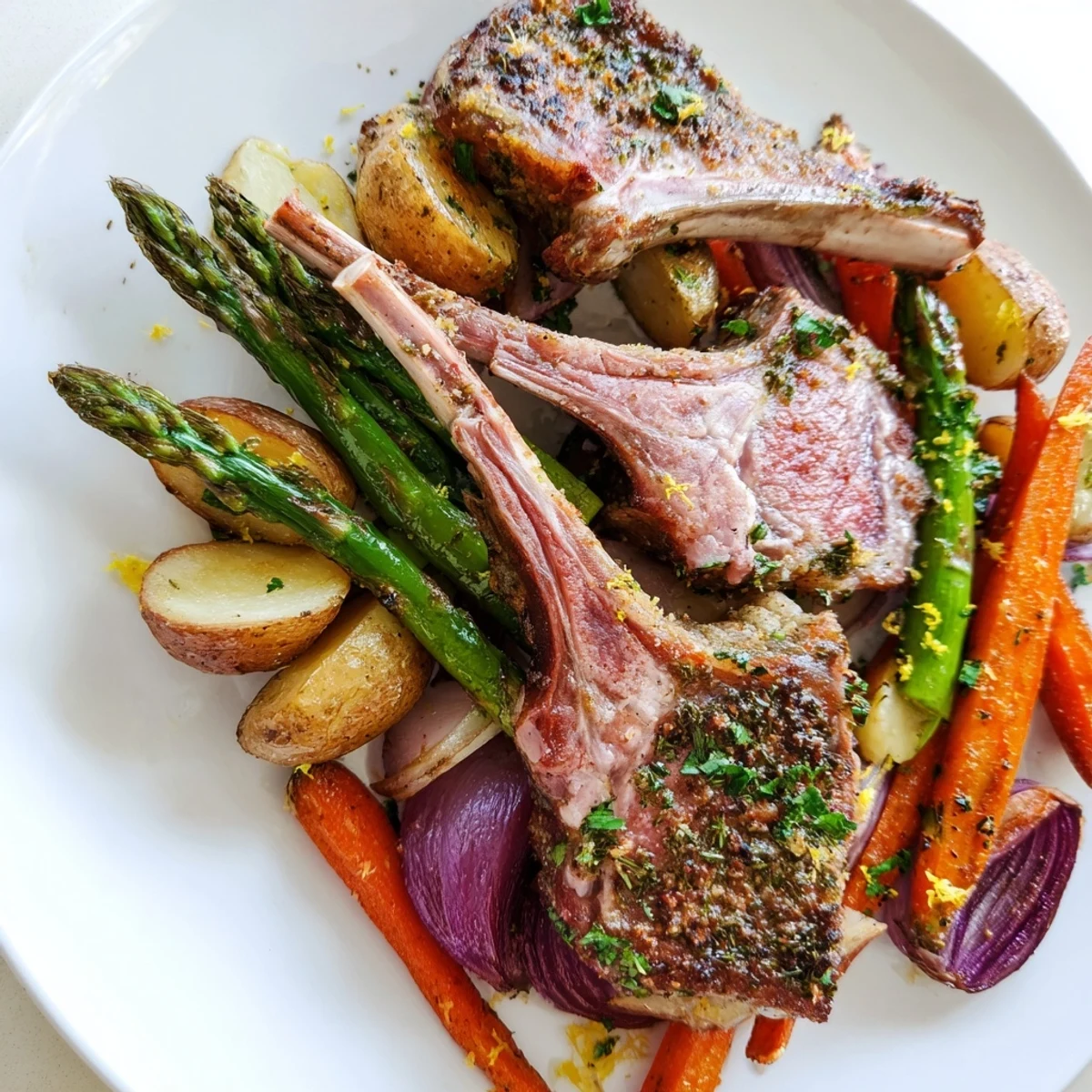Golden herb-crusted lamb chops and roasted vegetables on a sheet pan for Easter dinner.