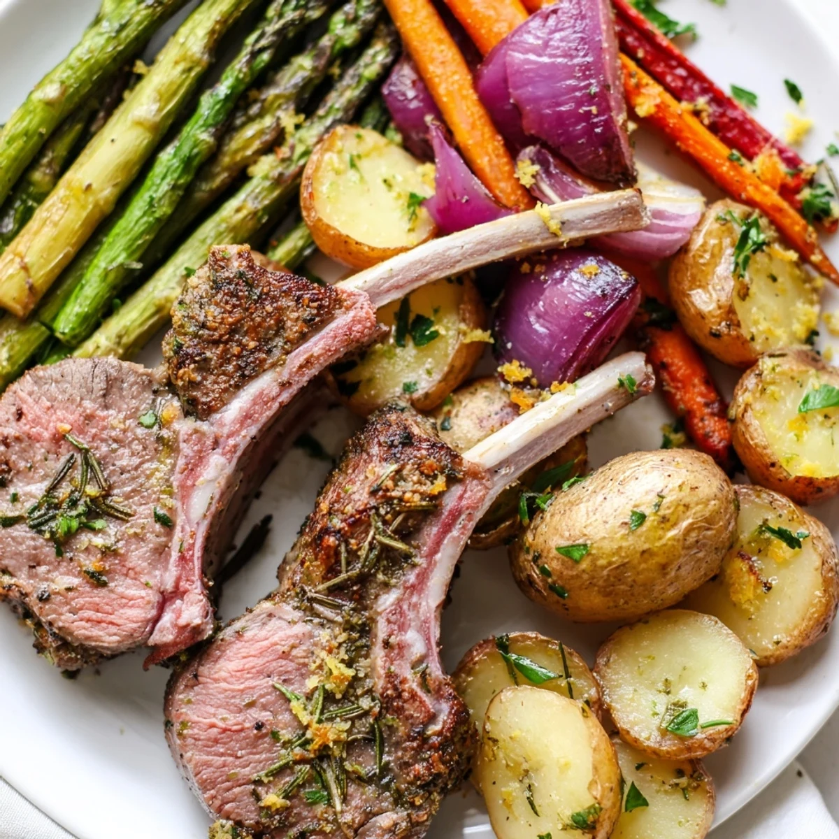 Sheet pan Easter dinner with rosemary lamb, baby potatoes, carrots, and bright asparagus.